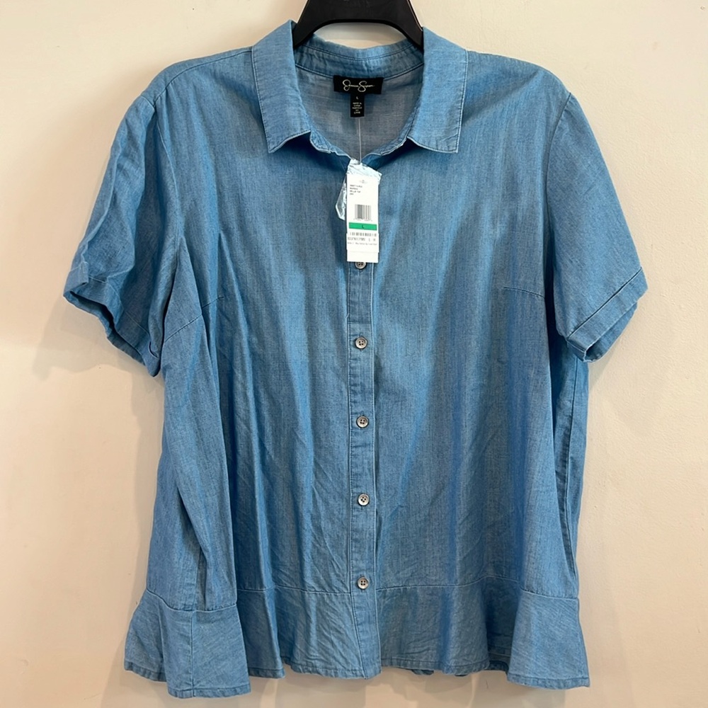 Jessica Simpson Light Denim Button Down Shirt Light Ruffles On Bottom Size L NWT